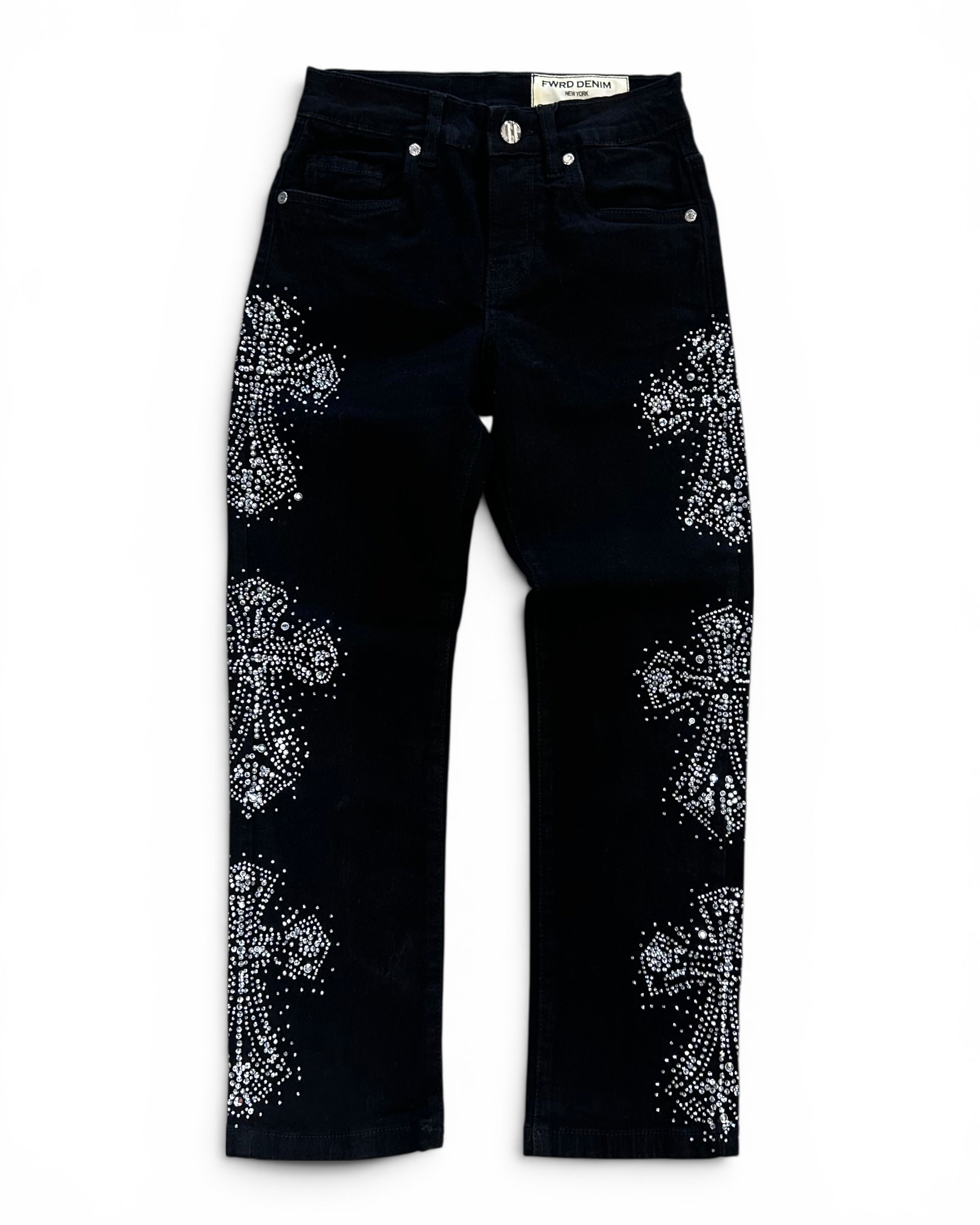 Black denim jeans with intricate silver rhinestone embroidery in a floral pattern on the outer thighs, shown flat against a white background.