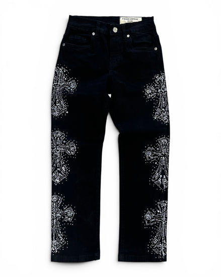 Black denim jeans with intricate silver rhinestone embroidery in a floral pattern on the outer thighs, shown flat against a white background.