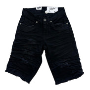 Black denim shorts on a white background
