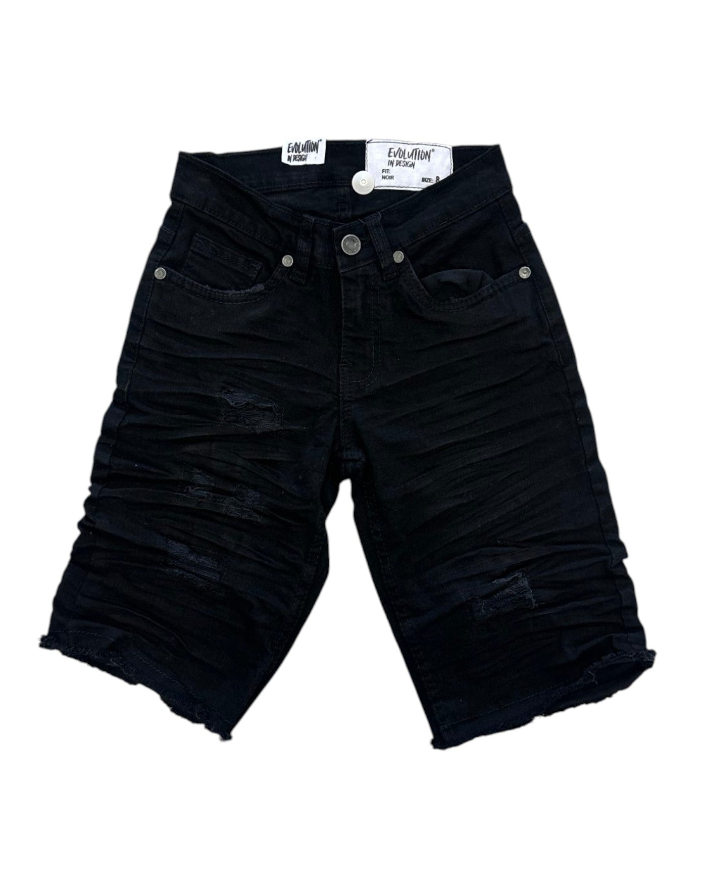 Black denim shorts on a white background