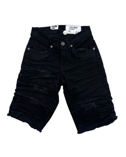Black denim shorts on a white background