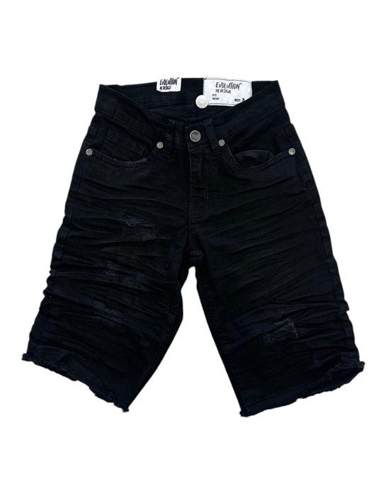 Black denim shorts on a white background