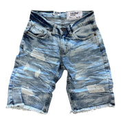 Distressed blue denim shorts on a white background