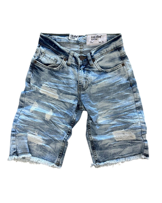 Distressed blue denim shorts on a white background
