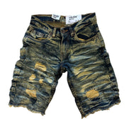 Distressed denim shorts on a white background