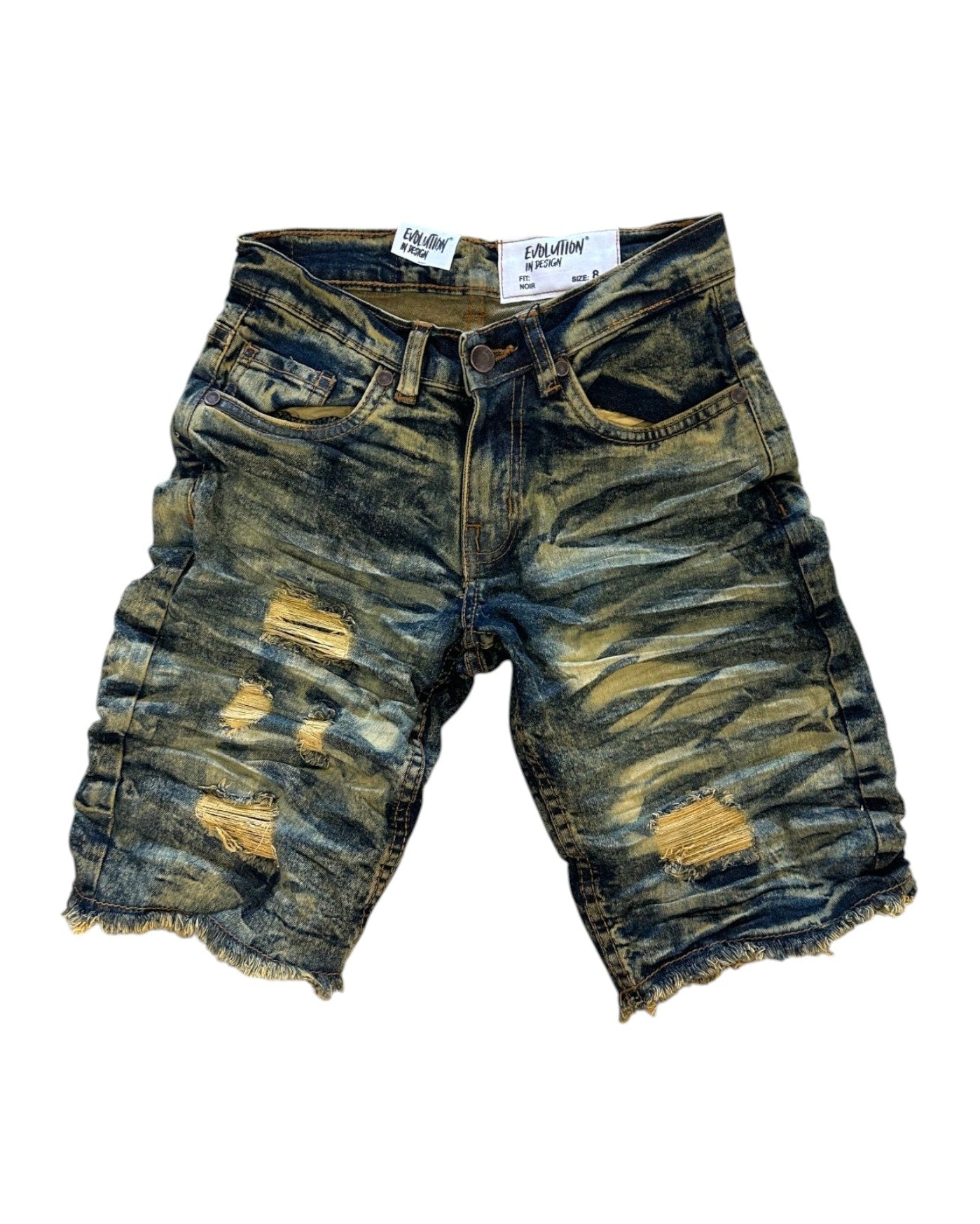 Distressed denim shorts on a white background