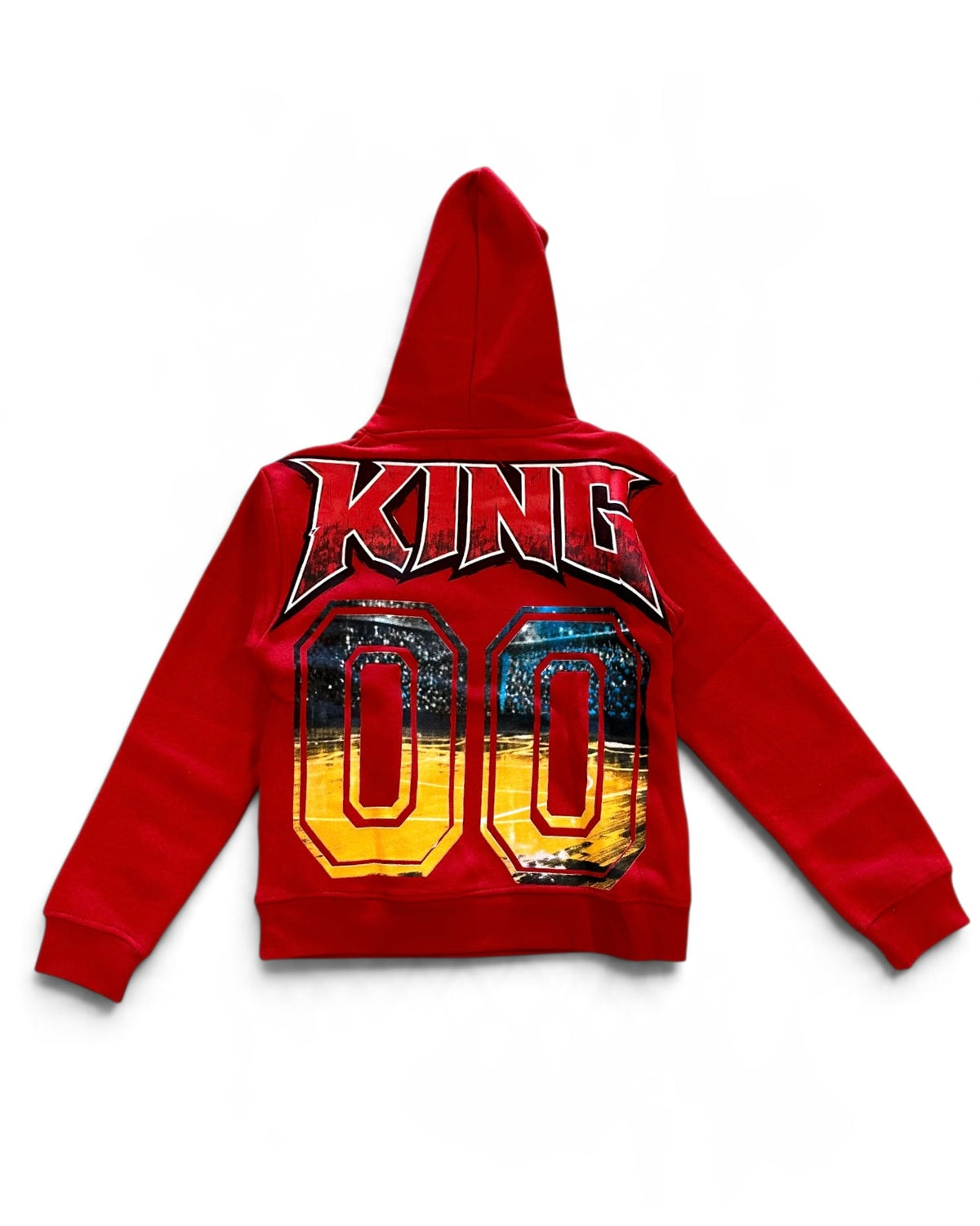 A red hooded sweatshirt shown from the back, featuring a large graphic print with the word 'KING' in stylized red letters above two large '00' numbers filled with a yellow-to-blue gradient and a basketball court scene.
