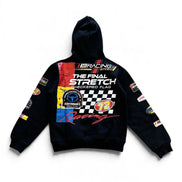 A black hooded sweatshirt shown from the back, featuring a large racing-themed graphic print with a checkered flag, 'The Final Stretch Checkered Flag' text, and multiple sponsor-style patches on the back and sleeves.