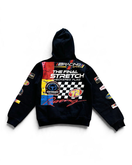 A black hooded sweatshirt shown from the back, featuring a large racing-themed graphic print with a checkered flag, 'The Final Stretch Checkered Flag' text, and multiple sponsor-style patches on the back and sleeves.
