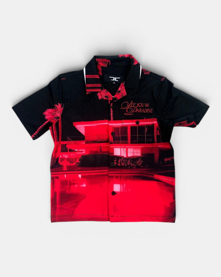 Black and red polo shirt with a graphic design on a white background