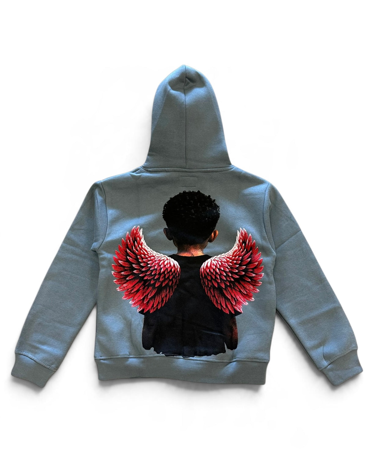A gray hoodie shown from the back, featuring a graphic print of a person with short black hair and large red and black angel wings.