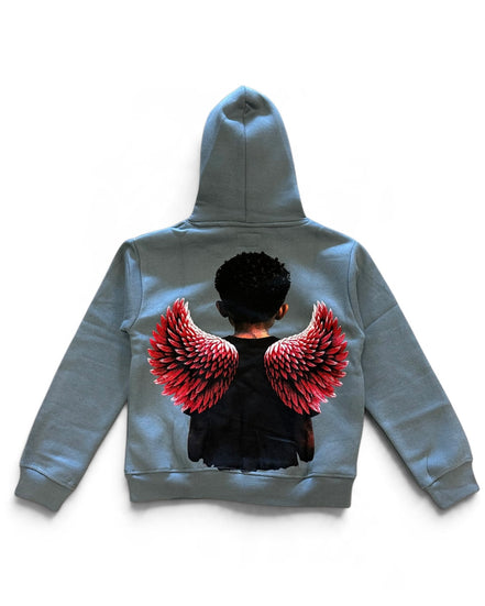 A gray hoodie shown from the back, featuring a graphic print of a person with short black hair and large red and black angel wings.