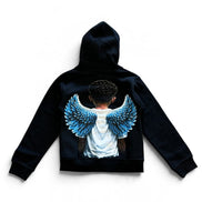 A black pullover hoodie shown from the back, featuring a large graphic print of a person with blue angel wings on a white shirt.