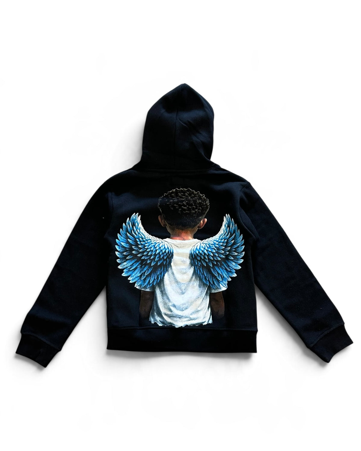 A black pullover hoodie shown from the back, featuring a large graphic print of a person with blue angel wings on a white shirt.