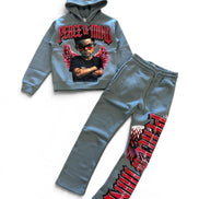 A two-piece kids' clothing set in heather gray, featuring a cropped hoodie with a red and black graphic print and matching sweatpants with a large red and black graphic on one leg.