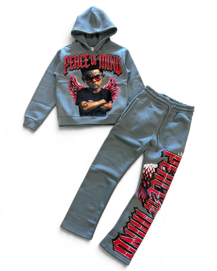 A two-piece kids' clothing set in heather gray, featuring a cropped hoodie with a red and black graphic print and matching sweatpants with a large red and black graphic on one leg.
