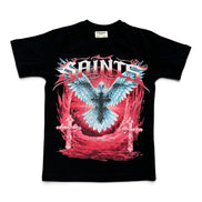 A black short-sleeve graphic t-shirt featuring a large front print with the word 'SAINTS' in white, a blue and white angel wing, a black cross, and red flames on a white background.