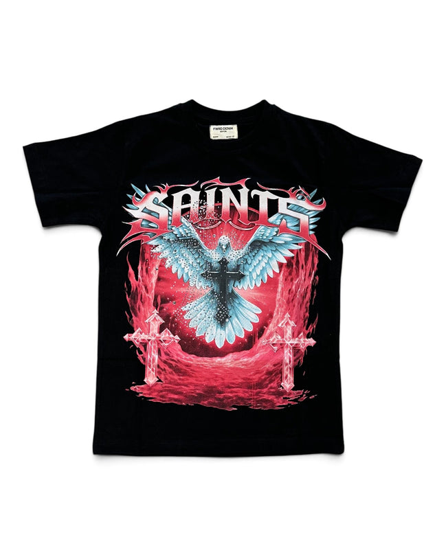 A black short-sleeve graphic t-shirt featuring a large front print with the word 'SAINTS' in white, a blue and white angel wing, a black cross, and red flames on a white background.