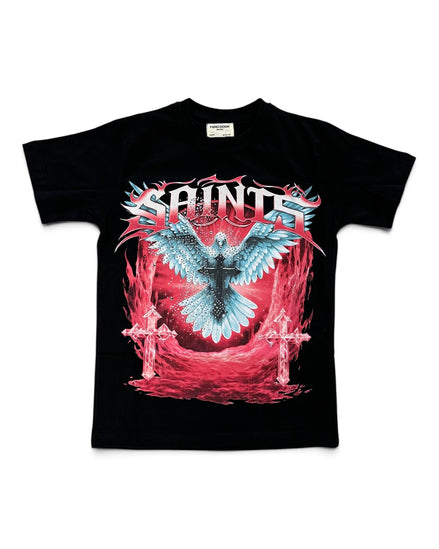 A black short-sleeve graphic t-shirt featuring a large front print with the word 'SAINTS' in white, a blue and white angel wing, a black cross, and red flames on a white background.
