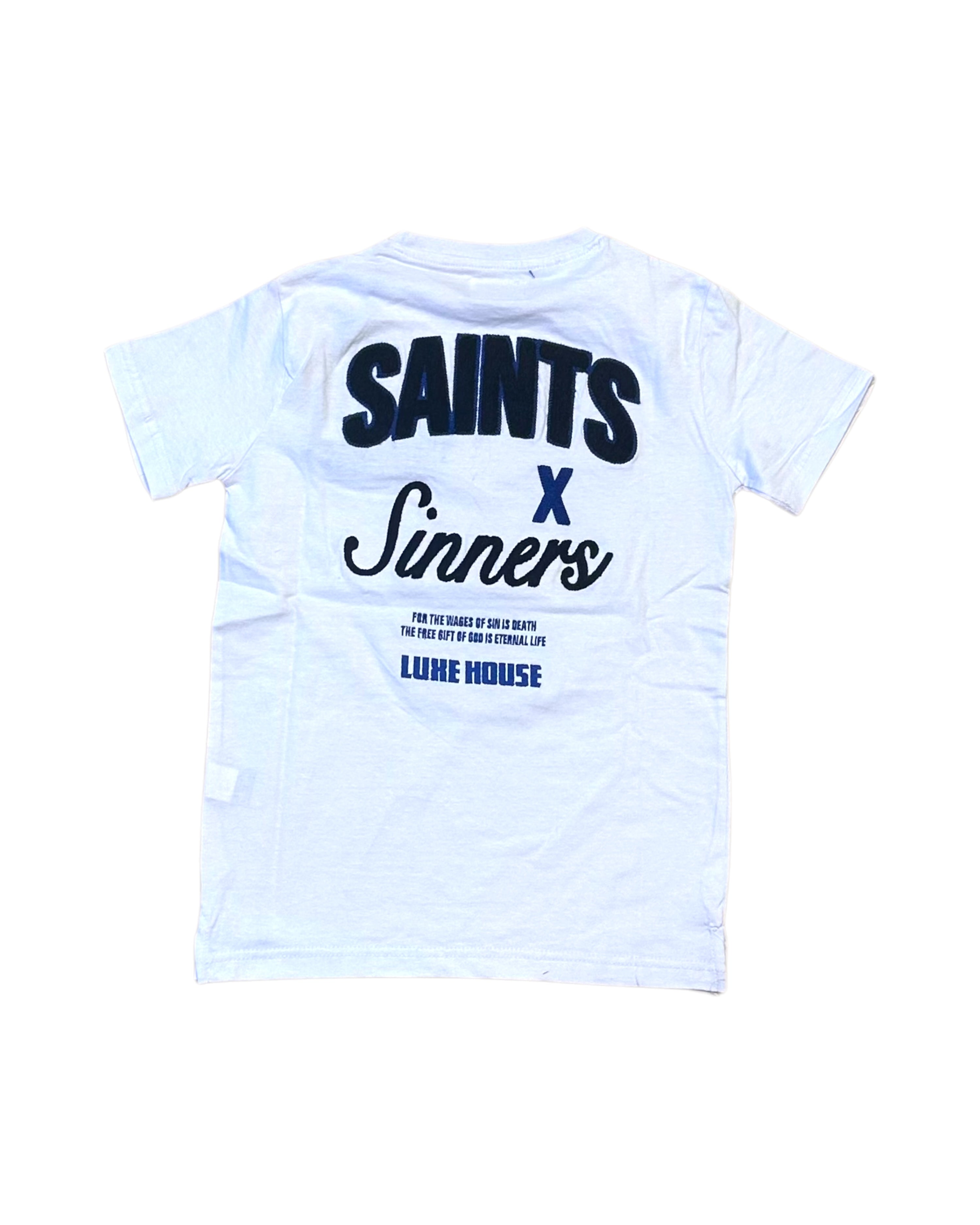 Junior’s Luxe House Tee In white and blue 