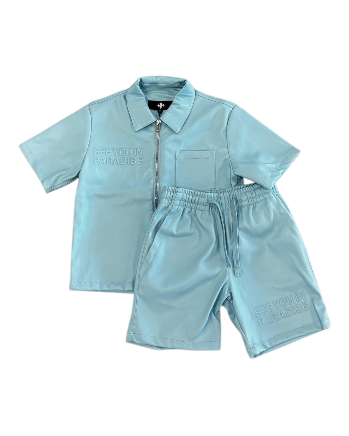 Jordan Craig juniors see you in paradise PU leather short set in sky blue 
