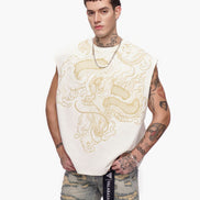 Man wearing a sleeveless embroidered top with a white background