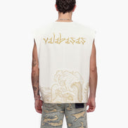 Person wearing a sleeveless shirt with 'valabasas' branding on the back, standing against a white background.