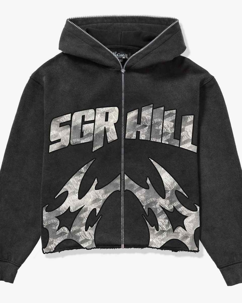 Black hoodie with 'SGR Hill' logo on a white background