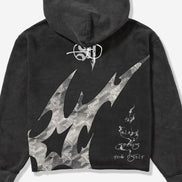 Black hoodie with flame design on the back against a white background