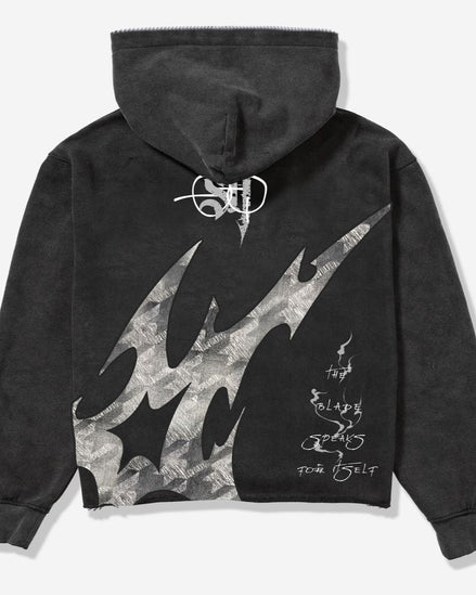 Black hoodie with flame design on the back against a white background