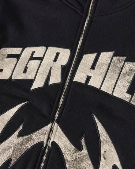 Black hoodie with 'SGR HILL' text and leaf design on a dark background