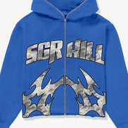 Blue hoodie with 'SGR HILL' text and tribal designs on a white background