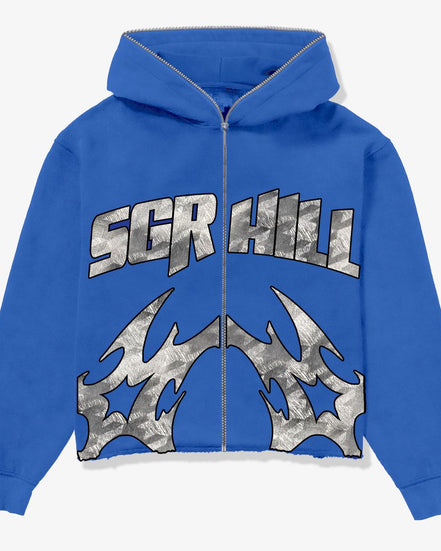 Blue hoodie with 'SGR HILL' text and tribal designs on a white background