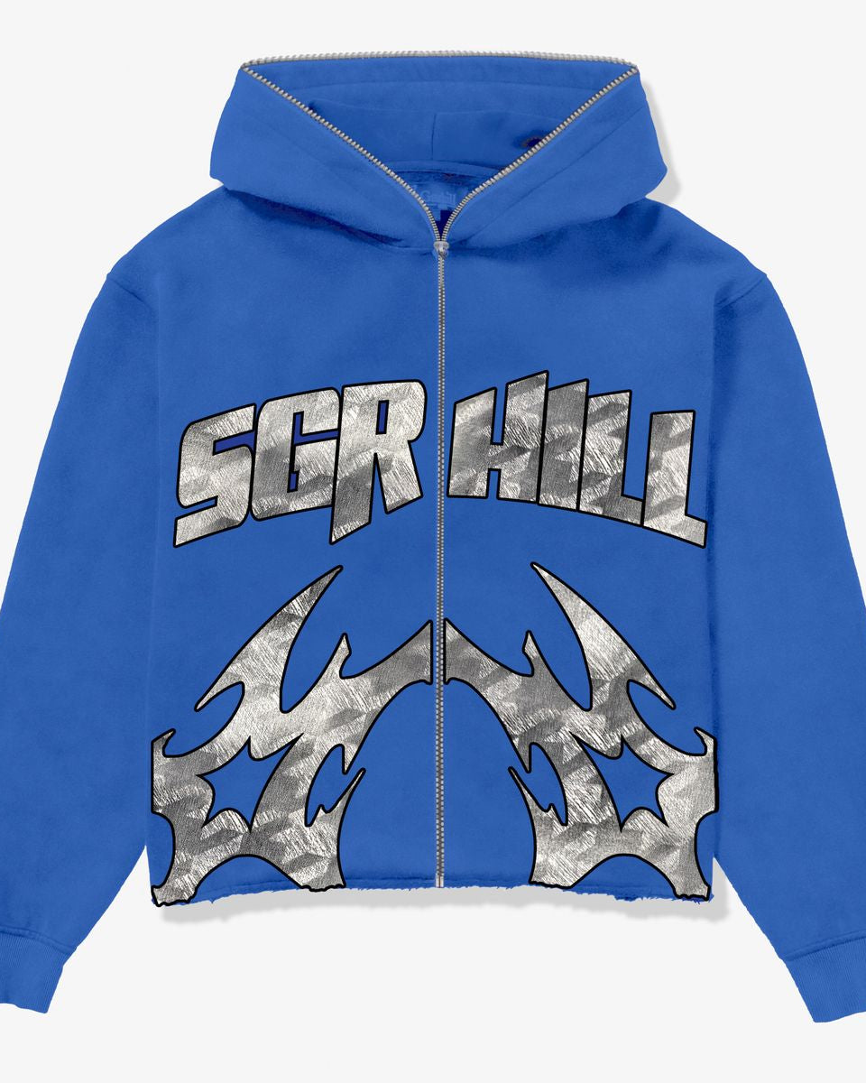 Blue hoodie with 'SGR HILL' text and tribal designs on a white background