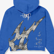 Blue hoodie with a large black and gray graphic design on the back against a white background
