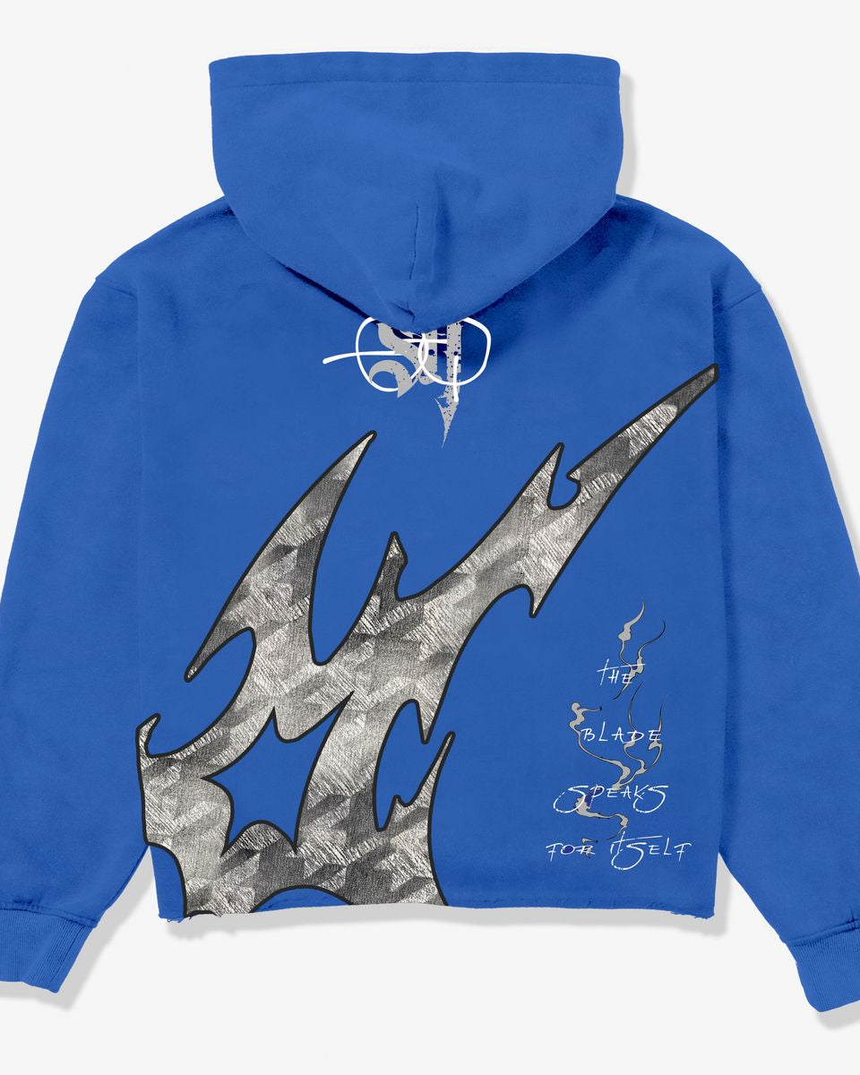 Blue hoodie with a large black and gray graphic design on the back against a white background