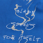 Blue fabric with white text and design
