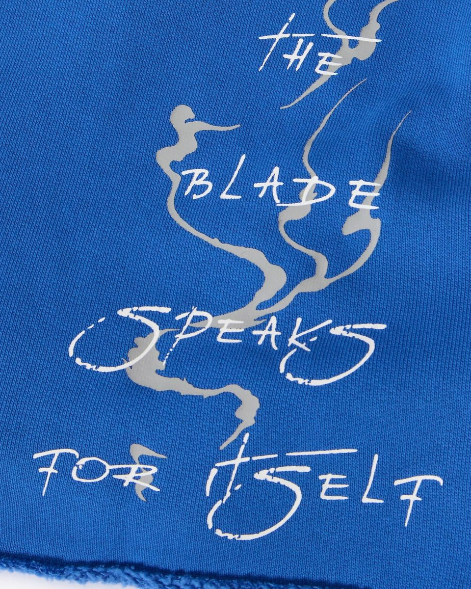 Blue fabric with white text and design