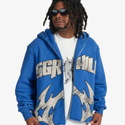 Person wearing a blue hoodie with 'SGR' logo on a white background