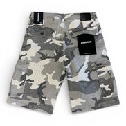 Camouflage shorts with a brand tag on a white background