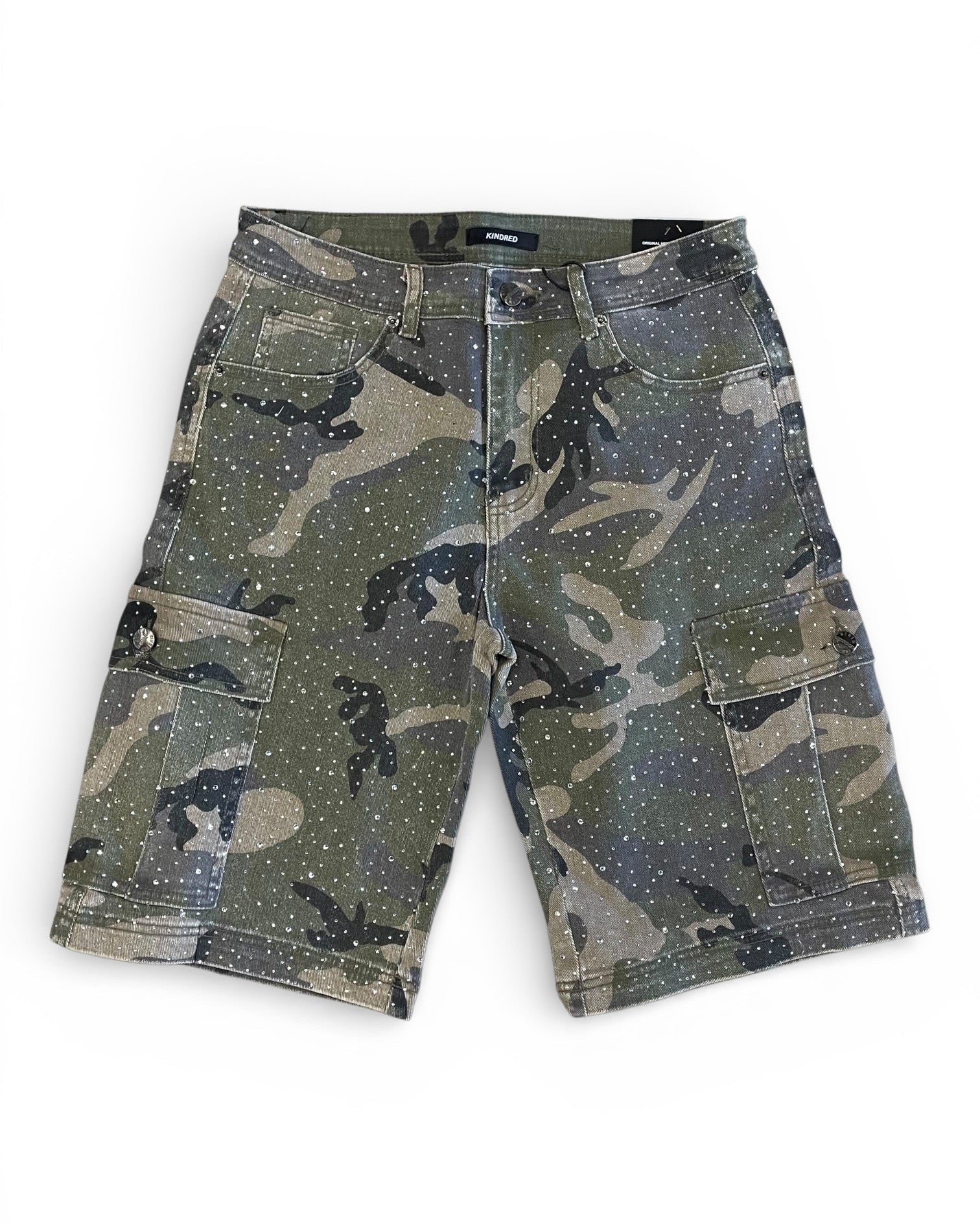 Camouflage shorts with star pattern on a white background