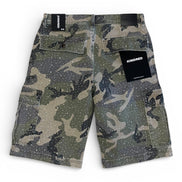 Camouflage shorts with a brand label on a white background