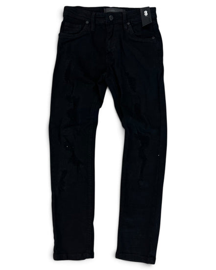 Black slim-fit jeans with distressed details, shown flat against a white background.