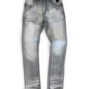 Light gray washed denim jeans with a faded, distressed finish, shown flat against a white background.