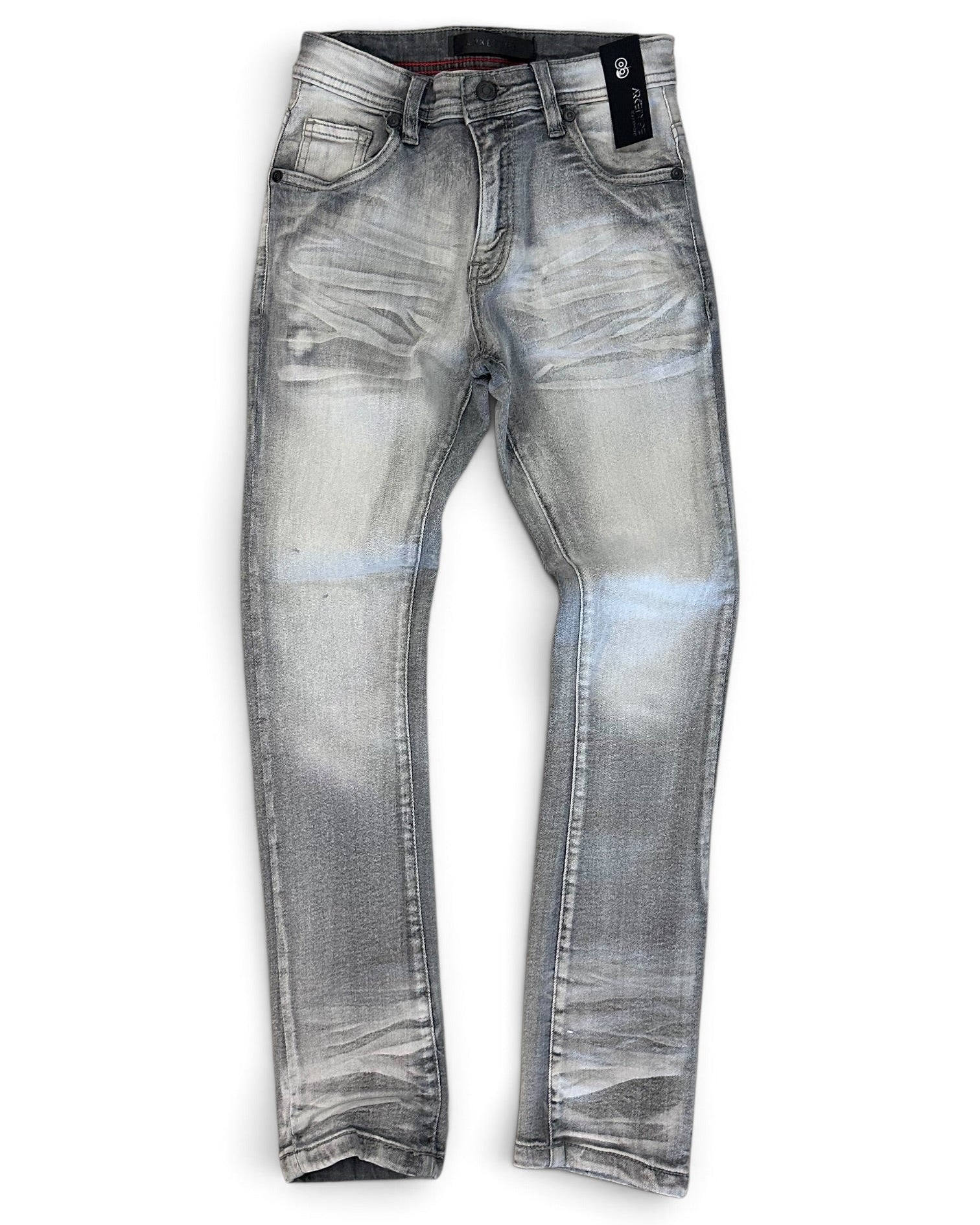 Light gray washed denim jeans with a faded, distressed finish, shown flat against a white background.