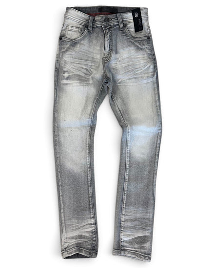 Light gray washed denim jeans with a faded, distressed finish, shown flat against a white background.
