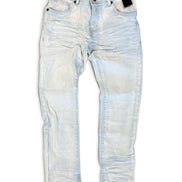 Light wash blue denim jeans with a faded, distressed finish, shown flat against a white background with a black hangtag attached.