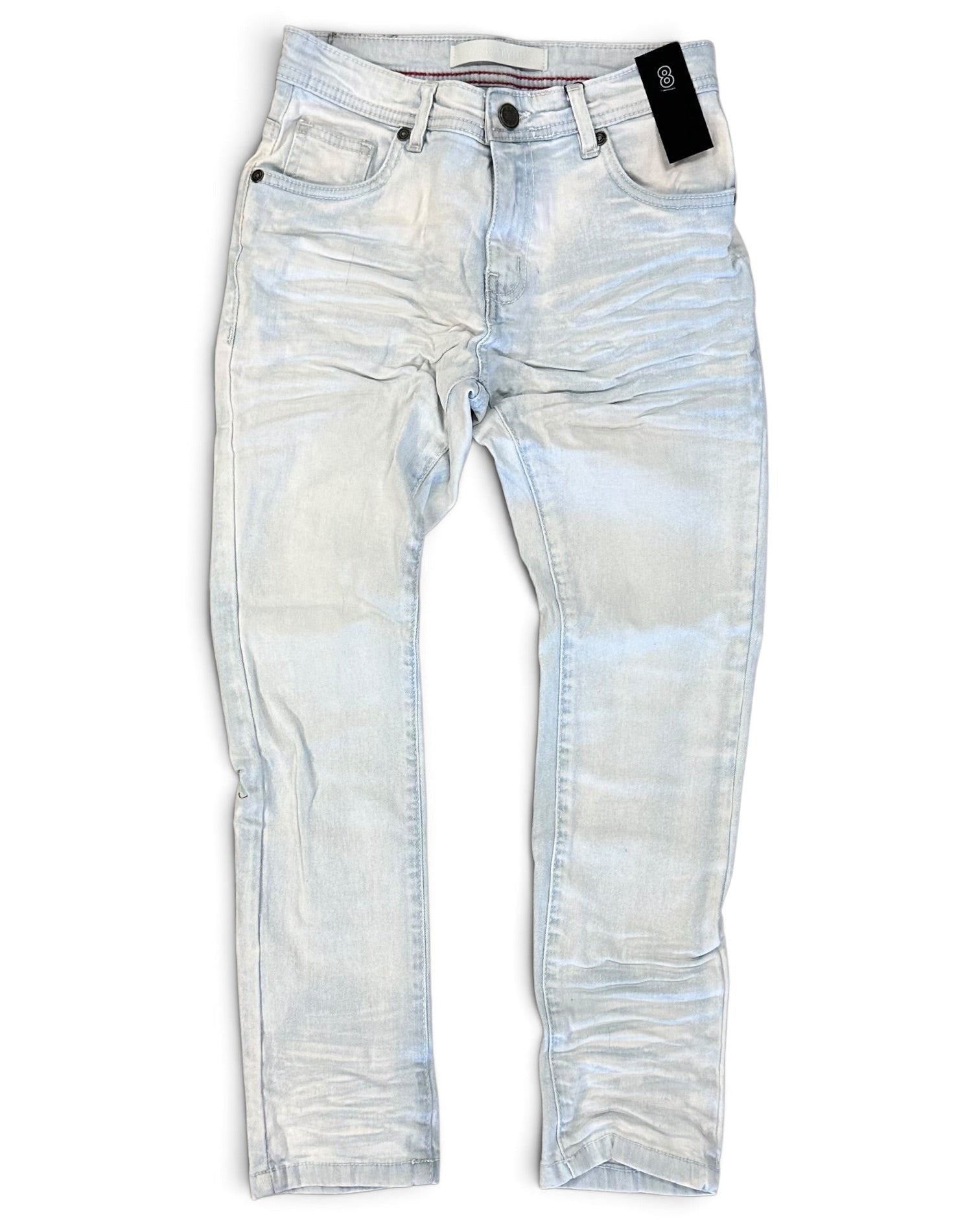 Light wash blue denim jeans with a faded, distressed finish, shown flat against a white background with a black hangtag attached.