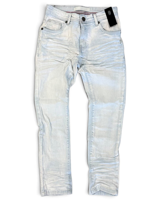 Light wash blue denim jeans with a faded, distressed finish, shown flat against a white background with a black hangtag attached.