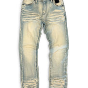 Light-wash distressed denim jeans with a faded cream and blue colorway, shown flat against a white background.